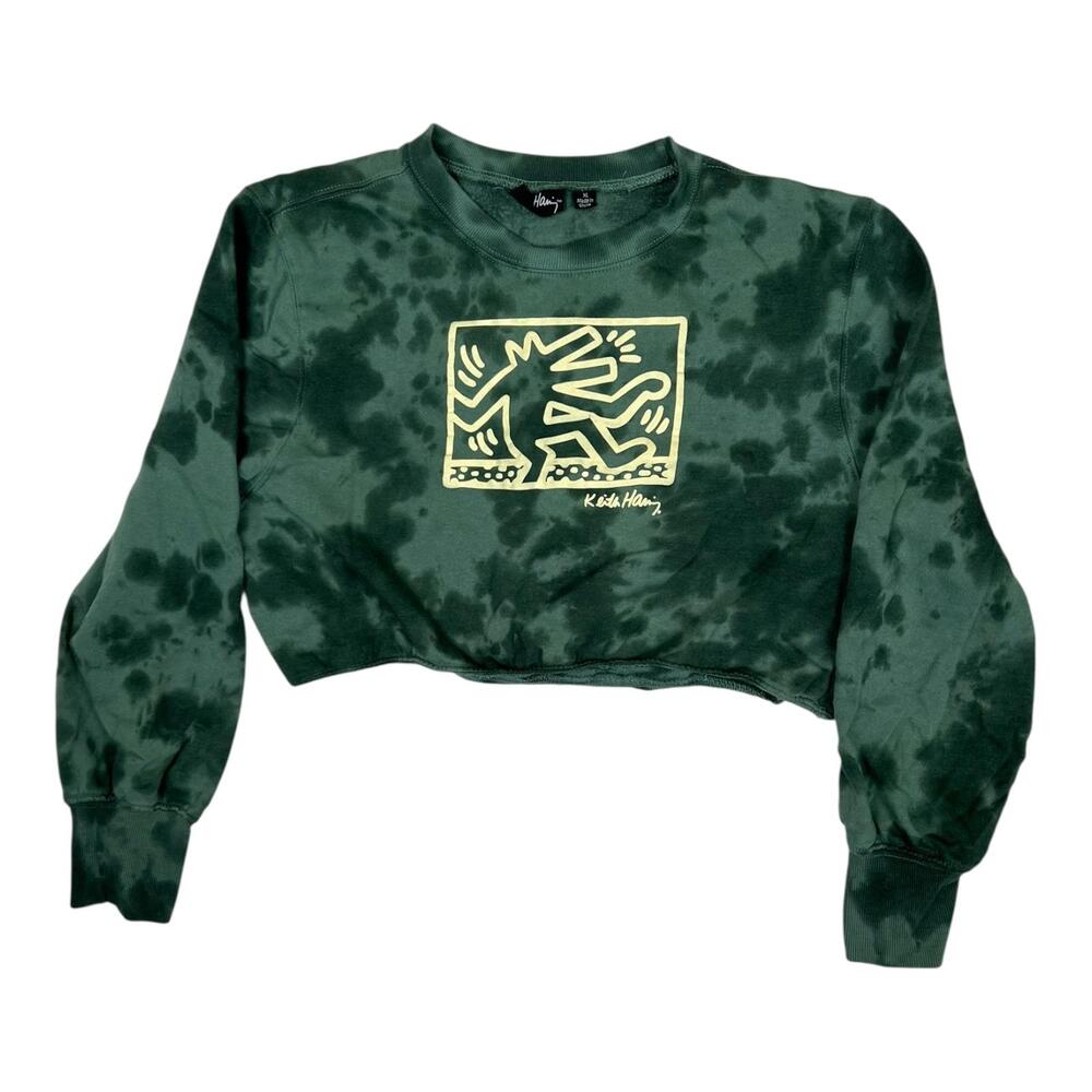 Keith Haring Sweatshirt Womens XL Green Tie-Dye Cropped Graphic Pullover Fleece